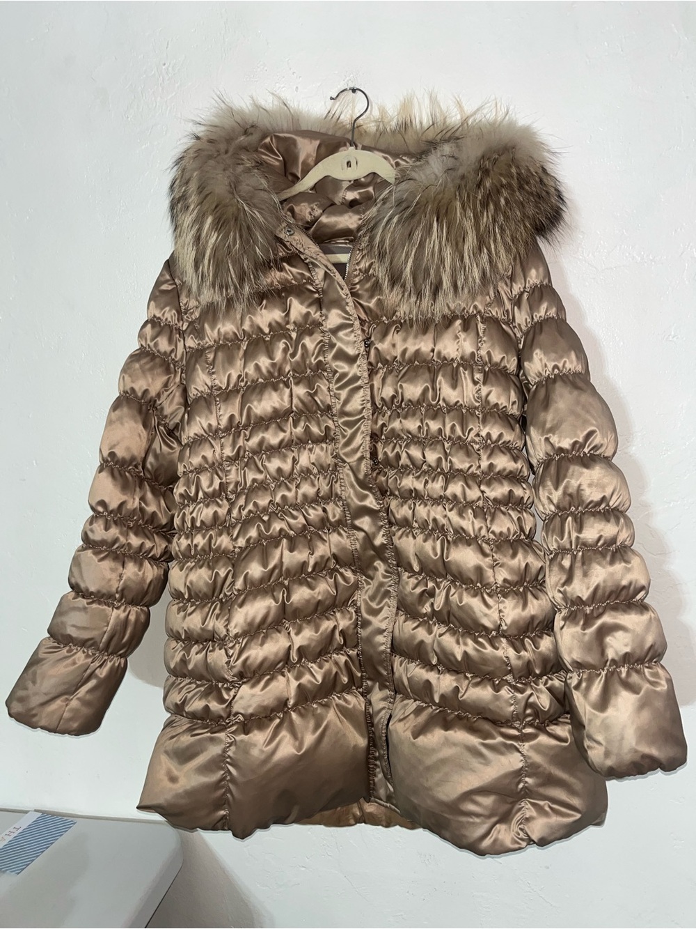 Corso Venezia Real Raccoon Fur Italian Down Parka Puffer Coat Satin Champagne - Picture 4 of 16